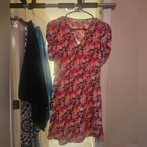 LOFT Pink and Orange Puff Sleeve Sundress